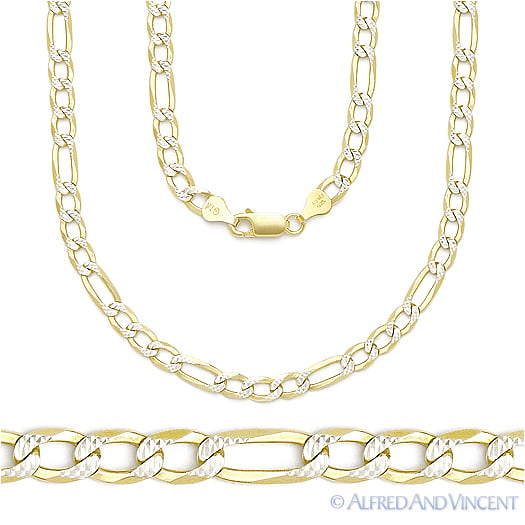 Italy .925 Sterling Silver 14k Yellow Gold 10mm Figaro Pave Link Chain Necklace